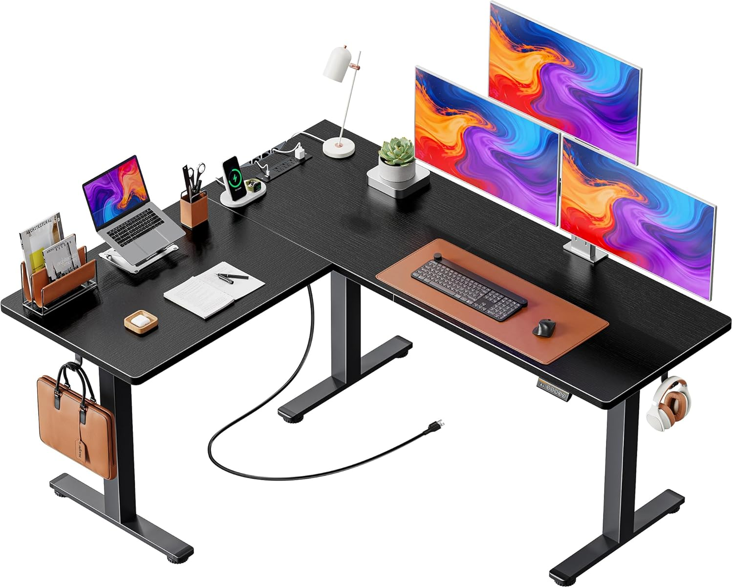 L Shaped Standing Desk with Power Outlets, 63 X 55 Inch Height Adjustable Computer Desk for Bedroom, Corner Stand up Desk for Home and Office, Work and Study, Black