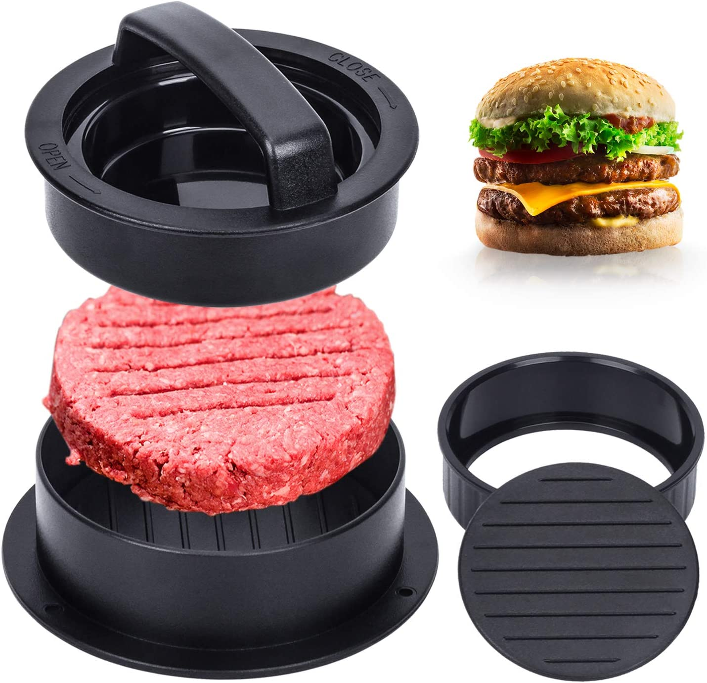 Burger Press, Hamburger Press Patty Maker with 100Pcs Hamburger Patty Paper, 3 in 1 Non Stick Patty Mold for Stuffed Burgers, Sliders, Veggie Beef Burger, Kitchen Barbecue Tool Grilling Accessories