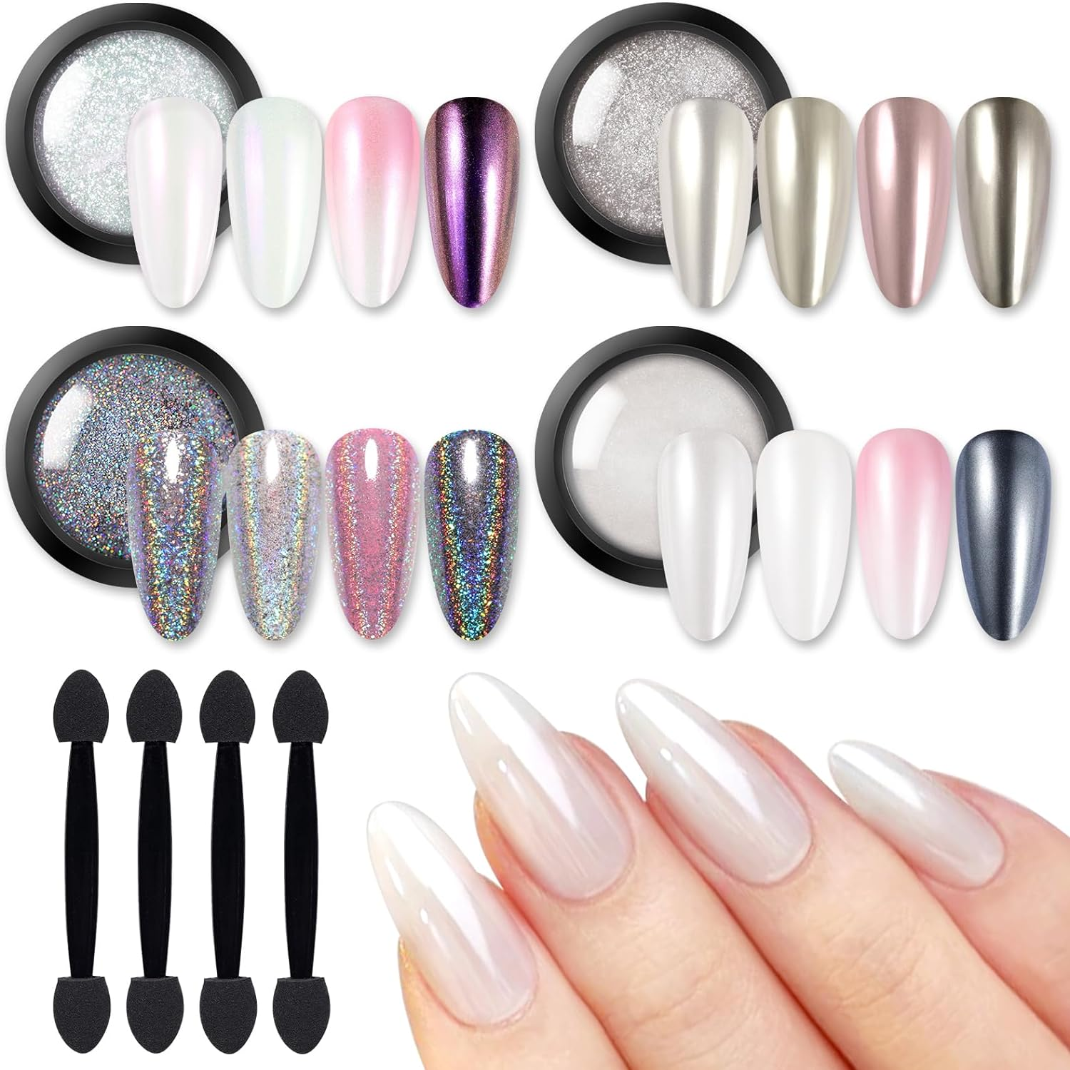 Chrome Nail Powder,White Pearl Metallic Mirror Holographic Chrome Powder for Nails,Pearl Glitter Pigment Dust Kit Nail Art Decoration Sets