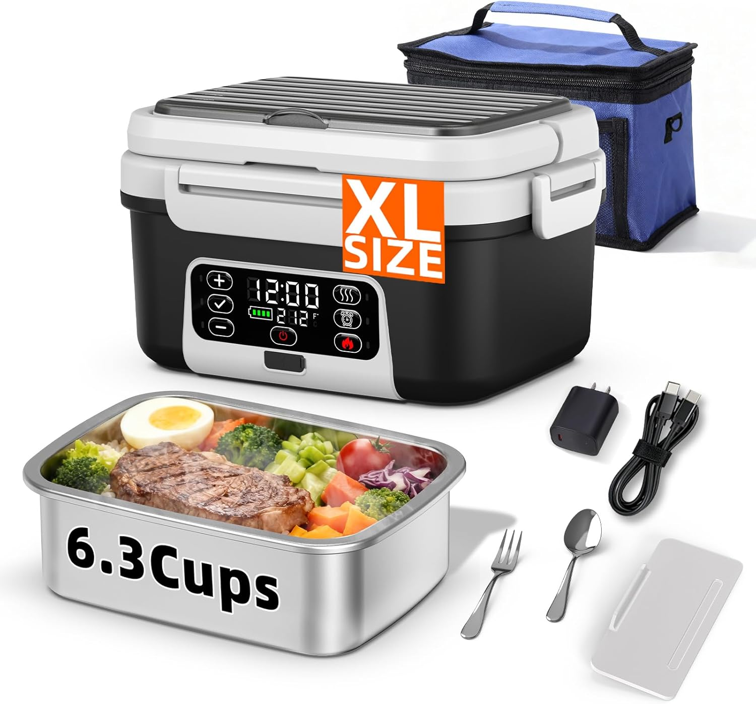 Fiambrera Electrica XL 6.3 Tazas Recargable 20000mAh Calentador de 100W Negro