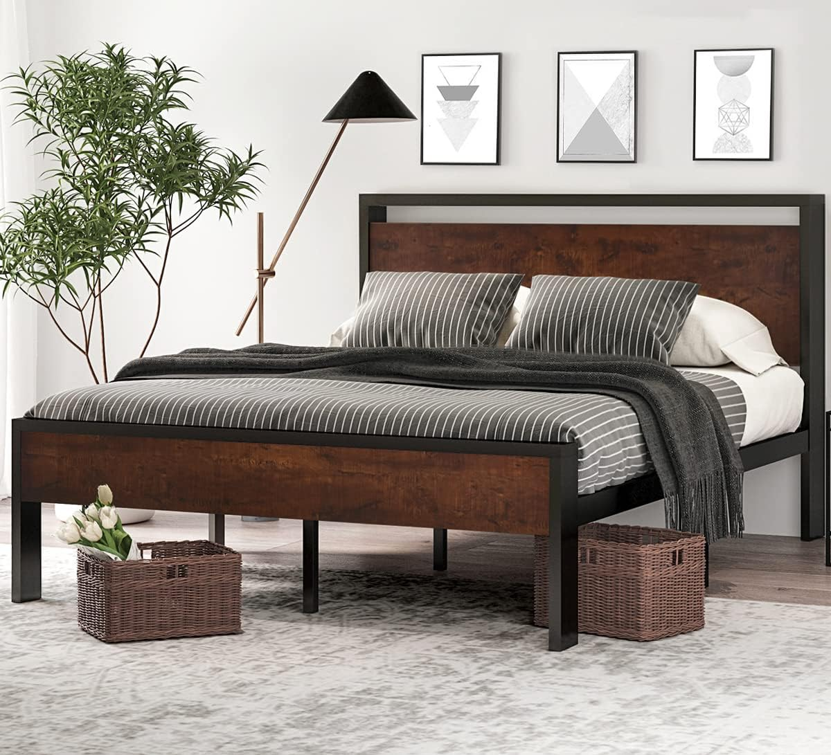 14 Inch Full Size Metal Platform Bed Frame with Wooden Headboard and Footboard, Mattress Foundation, No Box Spring Needed, Large under Bed Storage, Non-Slip without Noise, Mahogany