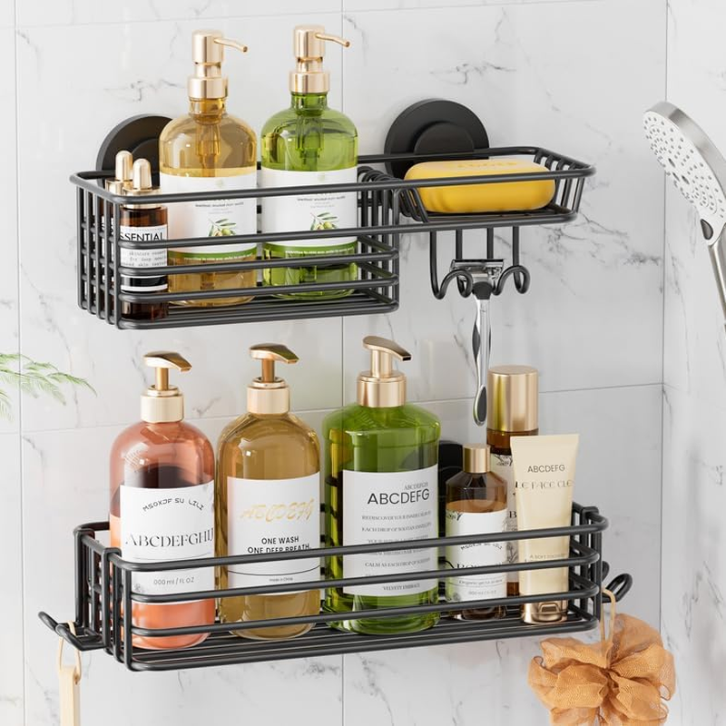 LEVERLOC Shower Caddy Suction Cup With Hook, 2 Pack Black Shower Shelves