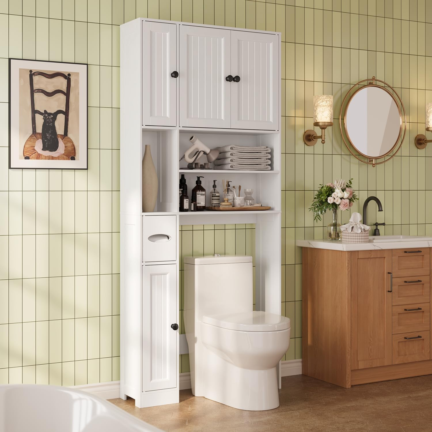 over the Toilet Storage Cabinet, over Toilet Bathroom Organizer with Adjustable Shelves and Five Doors, above Toilet Storage Cabinet for Bathroom, Restroom, Laundry, White