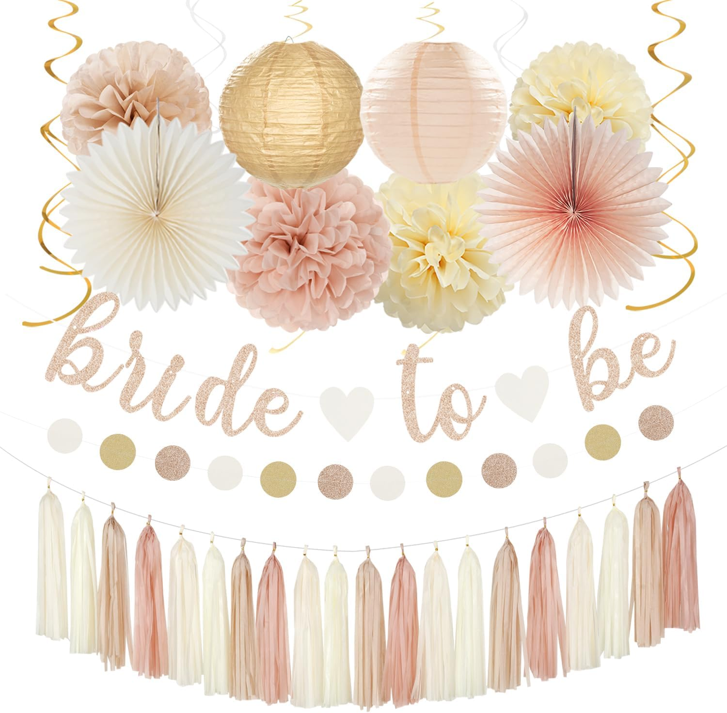 Champagne-Gold Beige Fall Bridal-Shower Party-Decorations - 36Pcs Bride to Be Banner,Bachelorette Paper Lanterns,Wedding Streamers Garland,Boho Peach Tissue Pom Poms Flower Fan Decor Supplies
