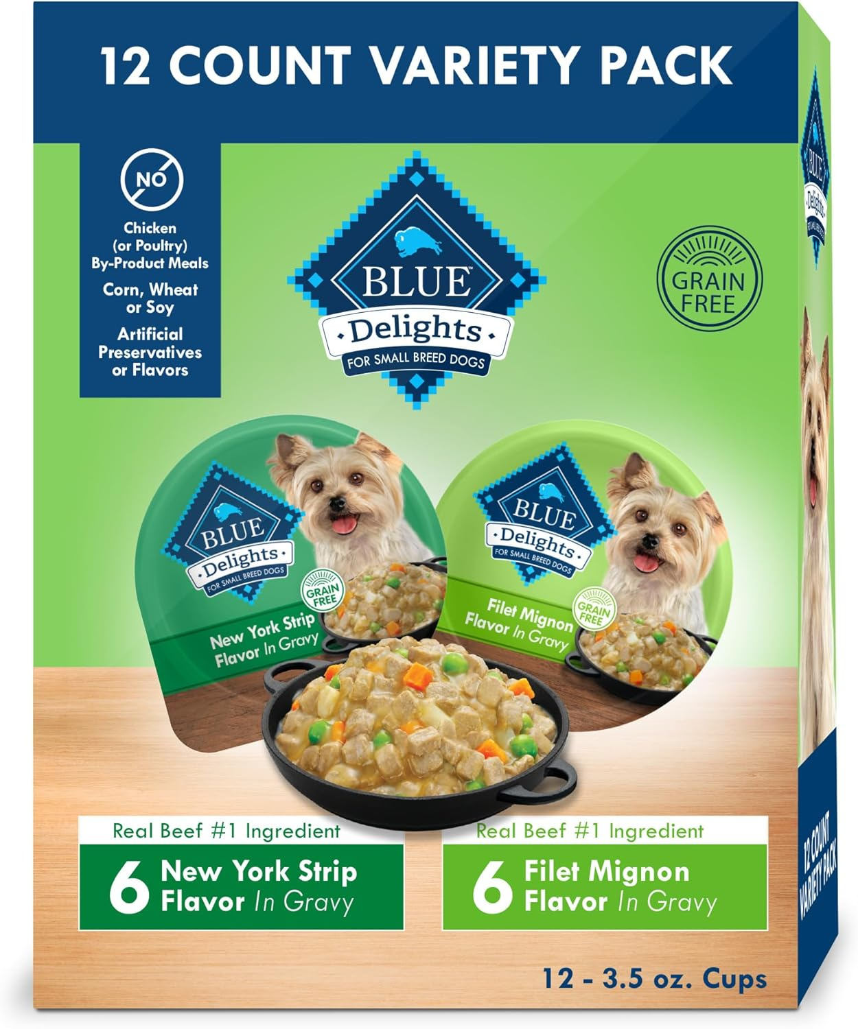 Delights Natural Adult Small Breed Wet Dog Food, Variety Pack, Made with Natural Ingredients, Filet Mignon & New York Strip Recipe in Hearty Gravy, 3.5-Oz. Cups (12 Count, 6 of Each)