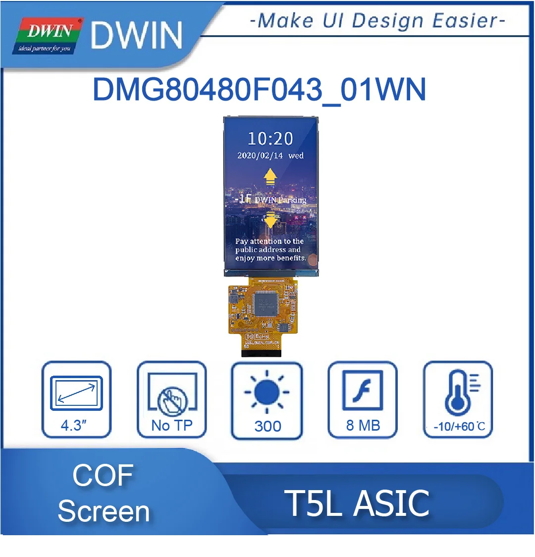 4.3" 480x800 IPS TFT LCD Display COF Ultra-thin and Ultra-light Capacitive Screen Integrated Touch Panel DMG80480F043_01W