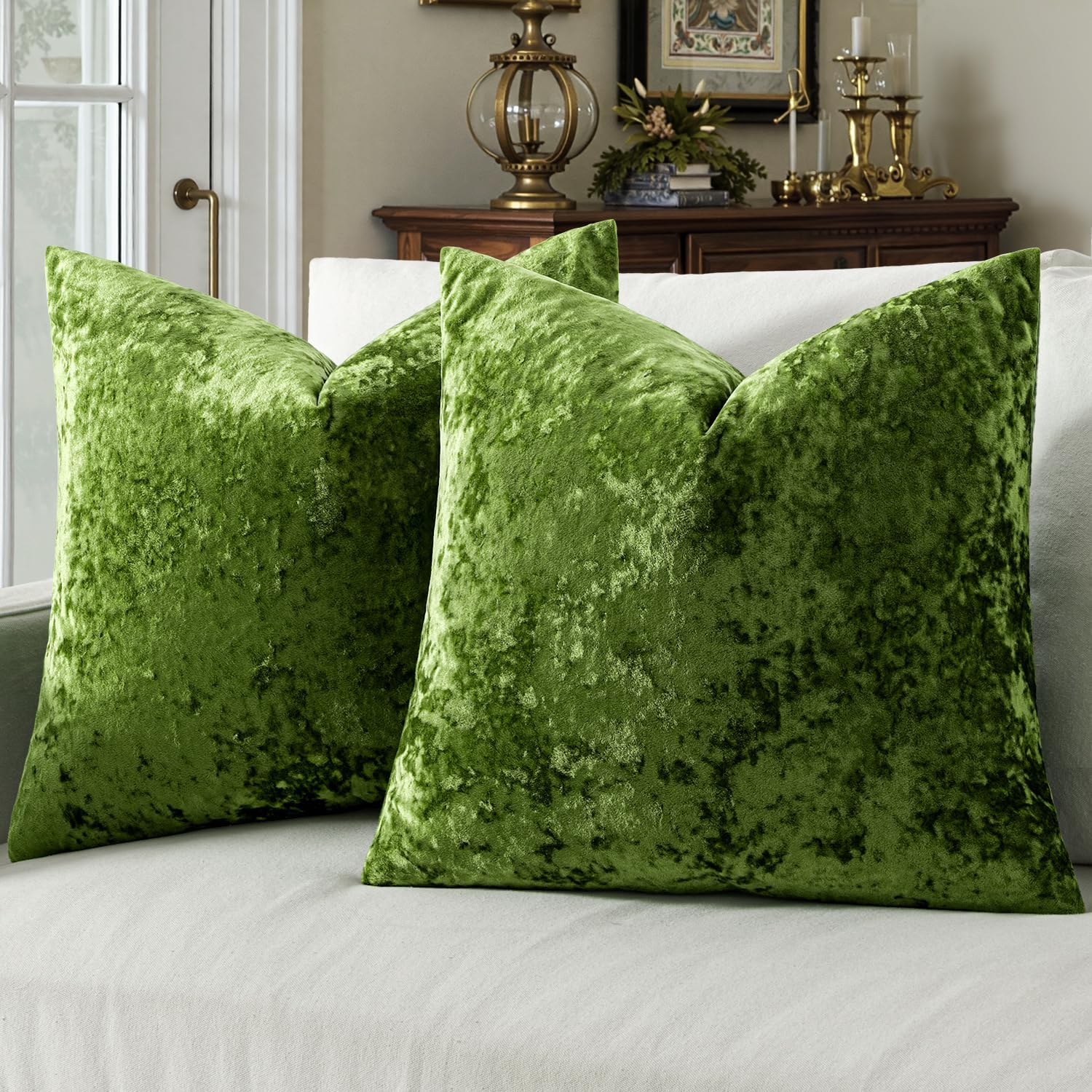Velvet Throw Pillow Covers Set of 2, Soft Neutral Decorative Pillow Cases with Luxurious Textured Vintage Cushion Covers for Home Decor Couch Sofa Bed, Moss Green 16x16 inch