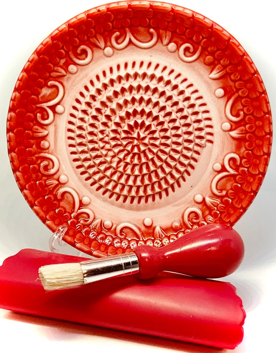 All-In-One Premium Ceramic Garlic Grater Plate 4-Piece Set - Red Embossed Design and Style - for Garlic, Ginger, Chocolate, and More! - Comes with 5.25