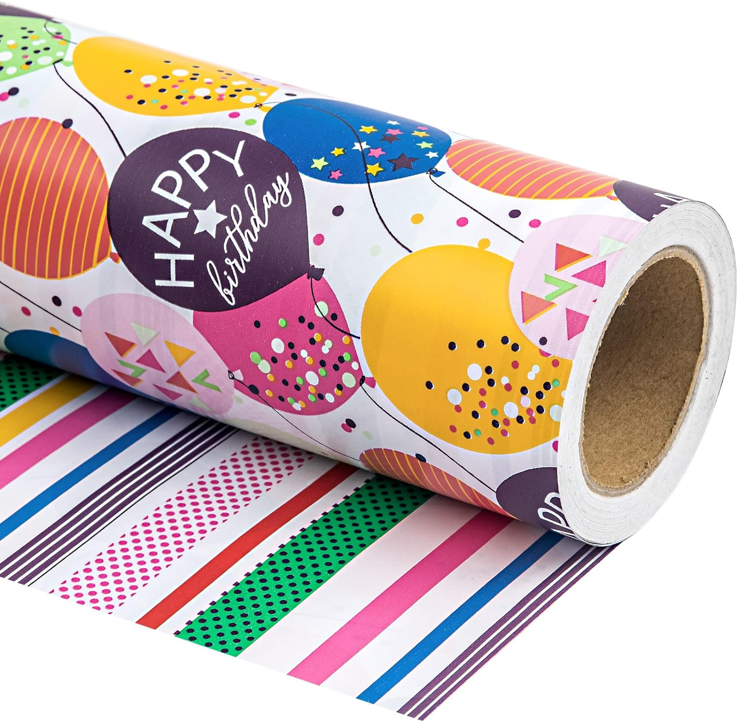 Reversible Birthday Wrapping Paper - Mini Roll - 17 Inch X 33 Feet - Colorful Balloon with Confetti Design for Birthday, Holiday, Party, Baby Shower