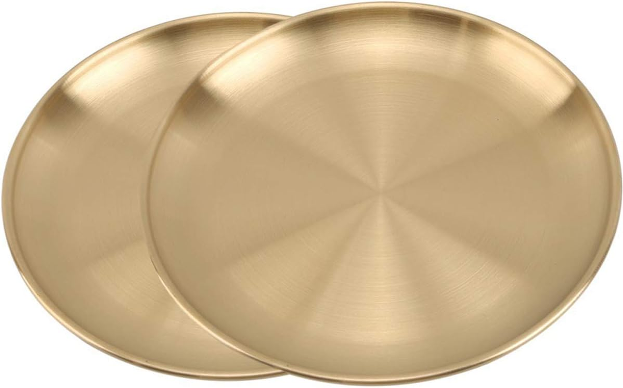 Stainless Steel Gold Plates 2 Set Round Stainless Steel Dinner Dishes Metal Trays 5.5 Inch Great for Picnic,Outdoor Camping Plate,Shatterproof, Dishwasher Safe