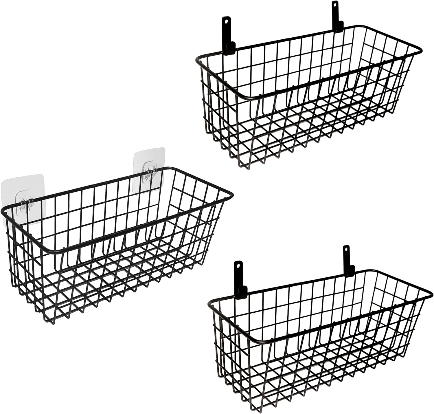 3 Set Hanging Wire Baskets,Wall Mount Fruit Basket,No Drilling,Adhesive Small Metal Basket,Farmhouse Food Storage Mesh Bin Kitchen Pantry Laundry Bathroom Closet Garage Rv,Black