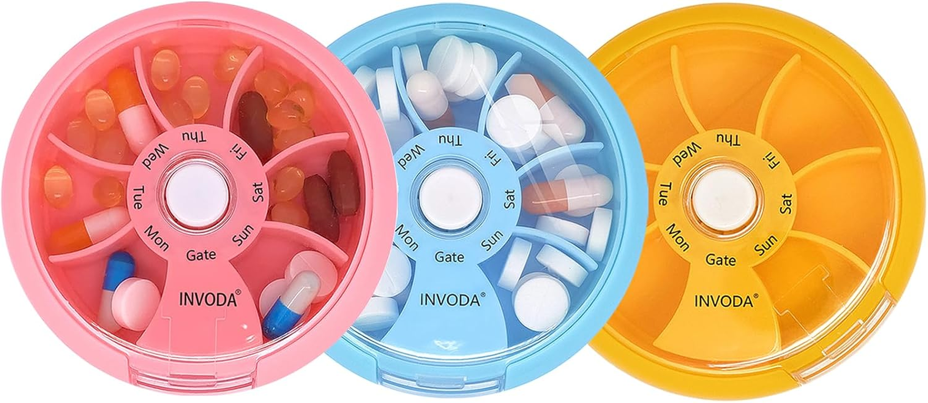 3PCS Pill Box 7 Day Travel Medicine Organizer Portable Pill Container Rotating Weekly Pill Organizer round Cute Pill Case Fish Oil Vitamins Holder (Pink+Sky Blue+Orange)