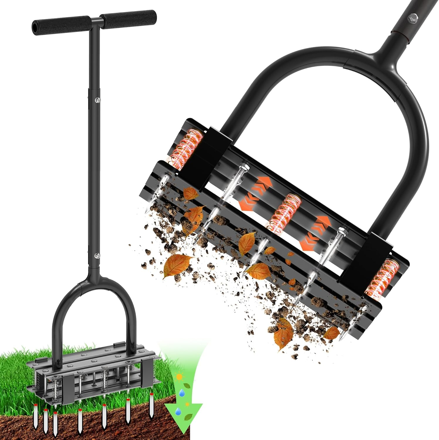 Aerator Lawn Tool - 2-In-1 Reinforced Heavy Duty Manual Lawn Aerator with 15 Spikes, Automatic Dirt and Leaf Clean Design, Adjustable T-Handle (Black)