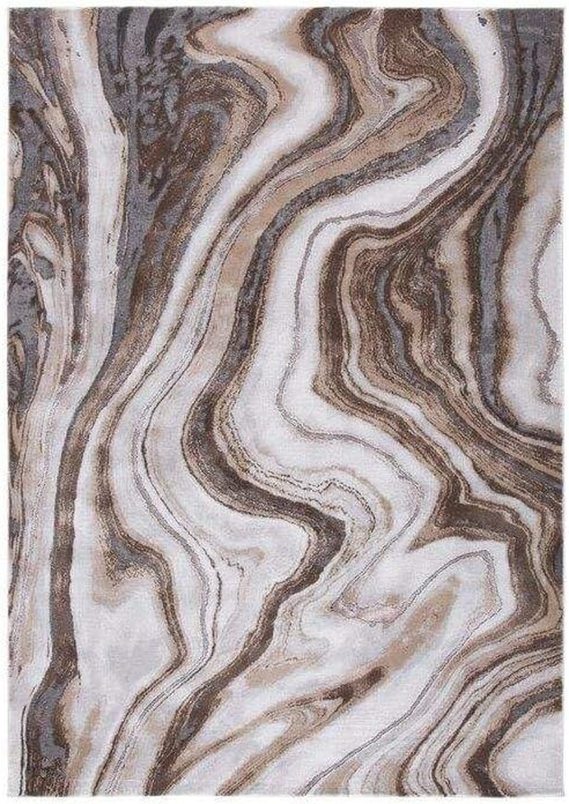 Abstract Design Area Rug, Brown and White Marble Swirl Pattern, 8X10 Feet (95X118 Inches)