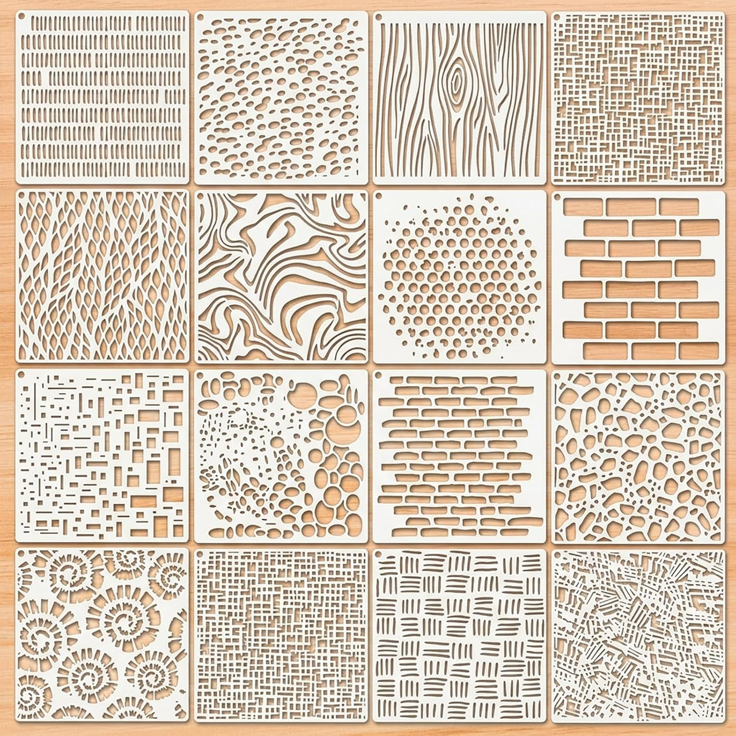 16PCS Reusable Geometric Stencils for Crafts Painting,6X6 Inch Mixed Texture Art Stencils for Wood Wall Furniture Fabric Floor,Diy Spray Paint Templates for Card Making Cake Decor Scrapbooking