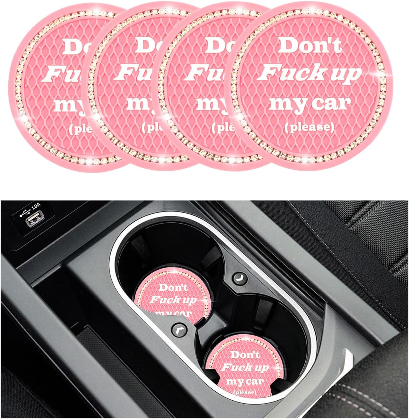 4 PCS Bling Car Cup Coaster, 2.75 Inch Anti-Slip Cup Holder Insert Coasters, Universal Crystal Rhinestone Auto Drink Car Cup Mat, Interior Car Accessories for Women Girls (Pink)