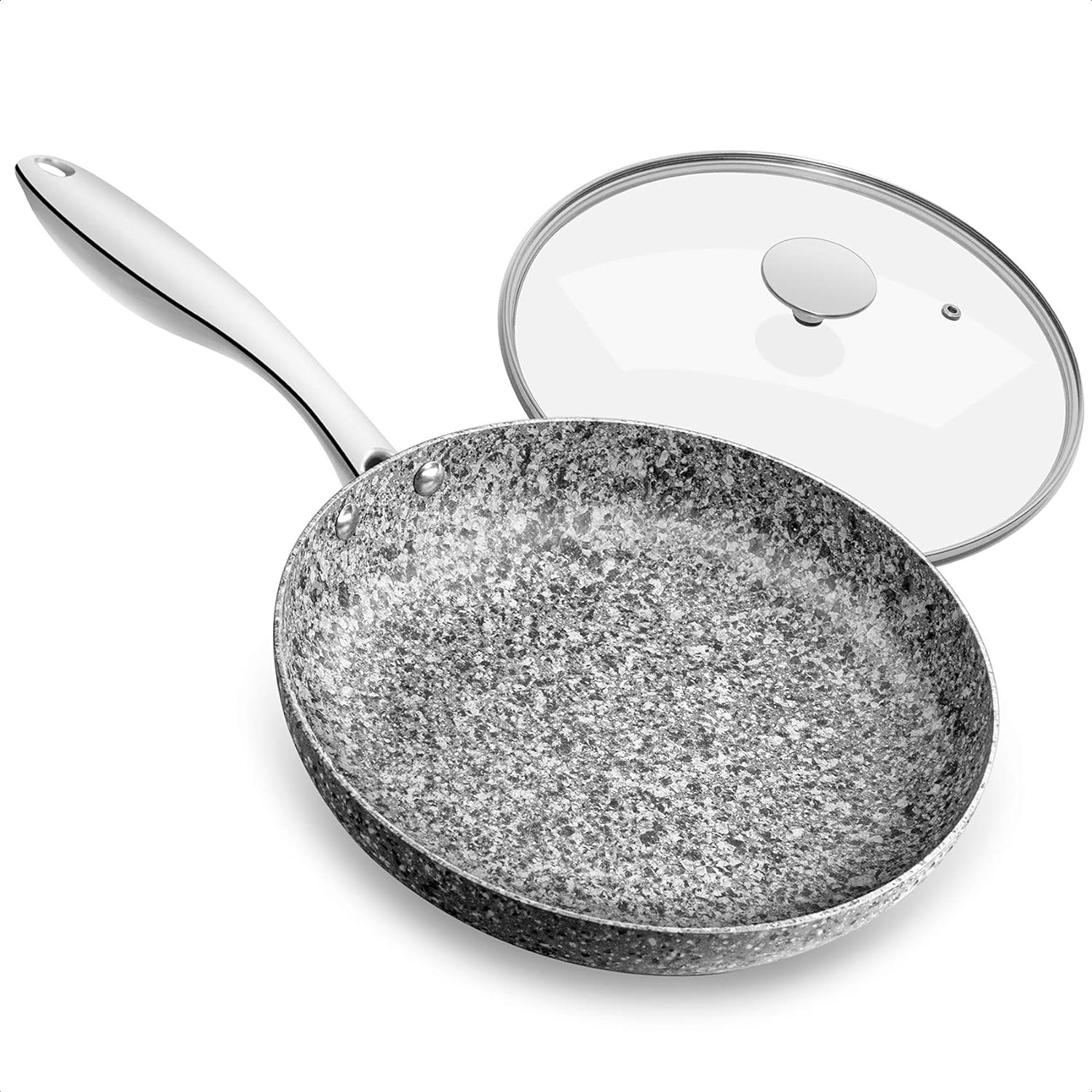 8 Inch Frying Pan with Lid, Ultra Nonstick Small Fry Pan with Granite Interior, Granite Stone Skillet 8 Inch Nonstick, Egg Pans for Cooking, Oven Safe, Induction Compatible