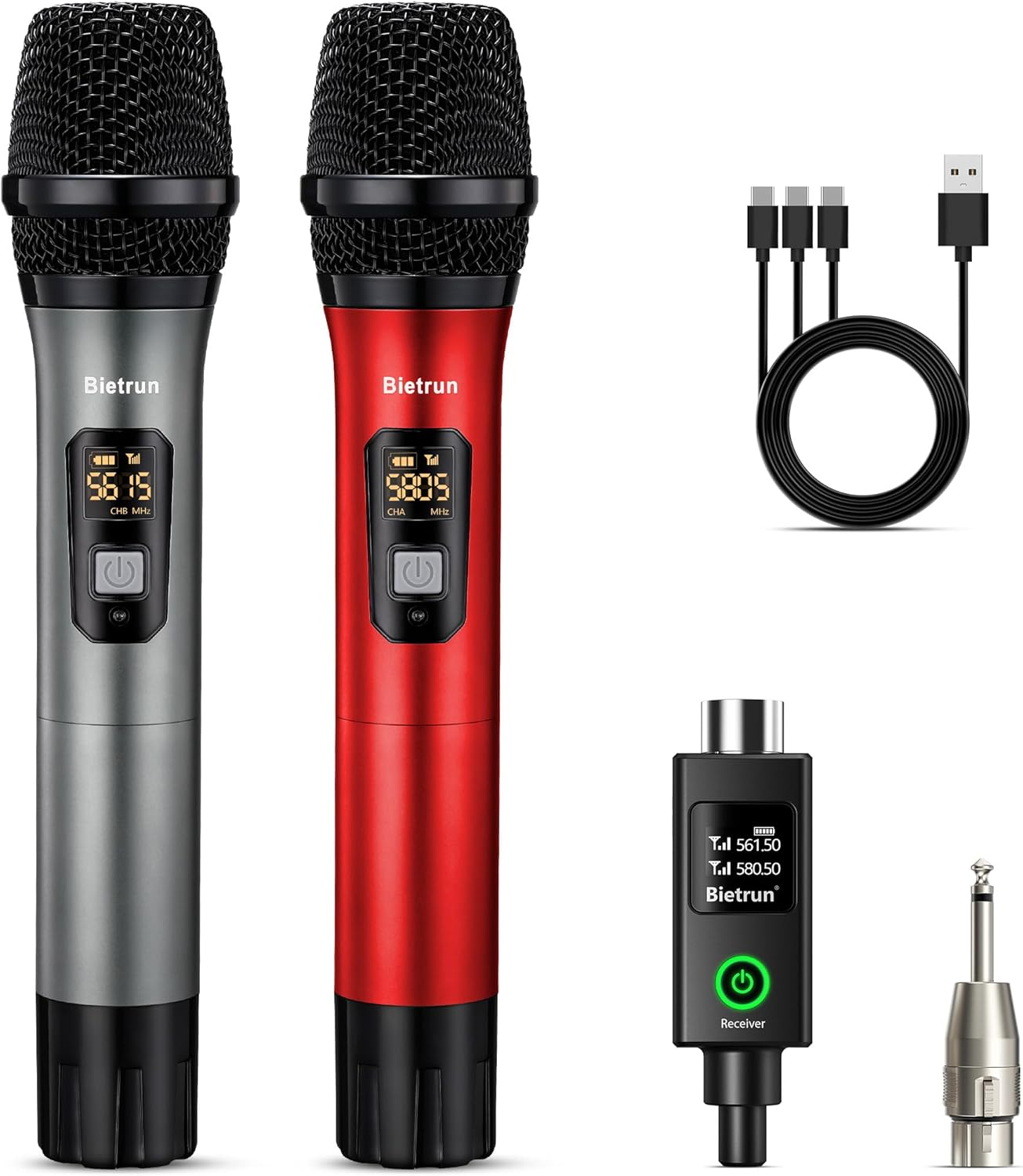 XLR Wireless Microphone, UHF Dual Handheld Dynamic Metal Mic Set with Rechargeable Receiver, XLR to 1/4'' Adapter, for Karaoke, Church, Wedding, Party Singing(160 Ft Range)(Auto Connect)