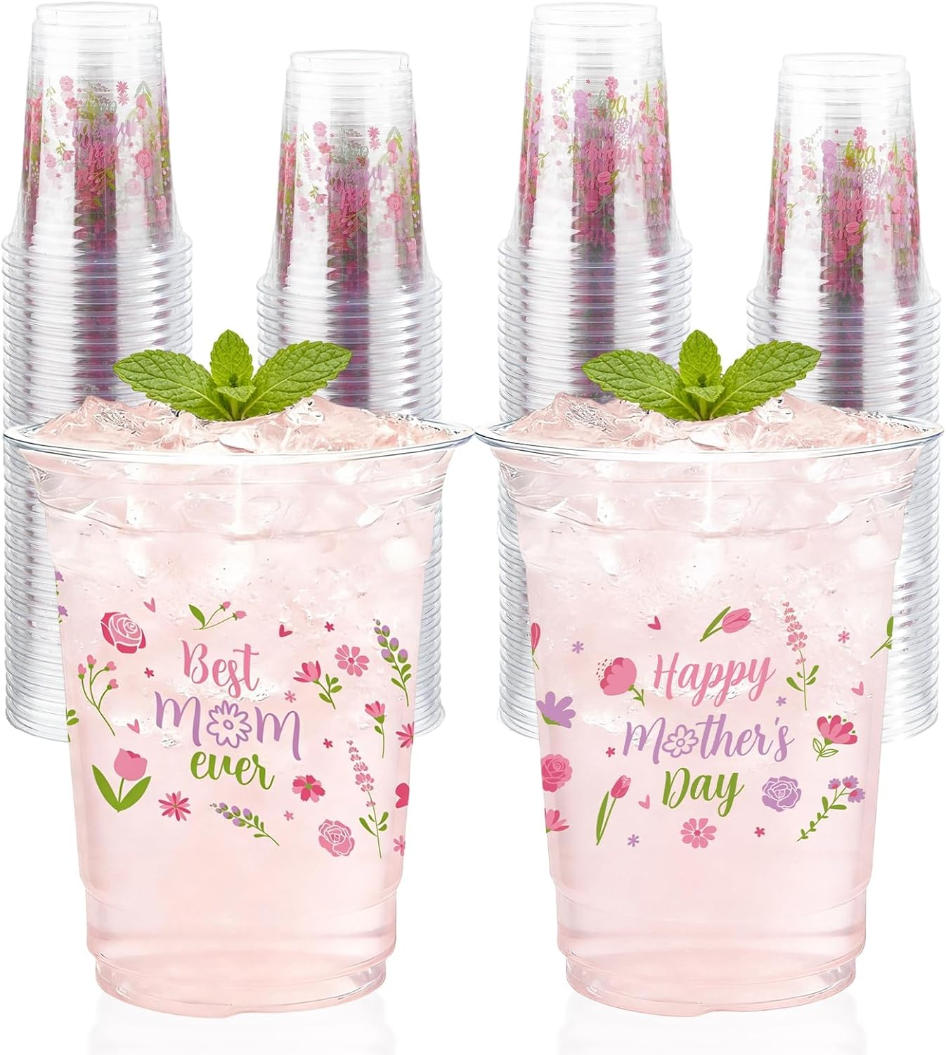 100 Pcs Happy Mother'S Day Plastic Cups 16 Oz Disposable Floral Mother Day Drinking Cups Best Mom Ever Rose Plastic Cups with Pink Rose Flower for Happy Mother'S Day Mother Birthday Party Supplies