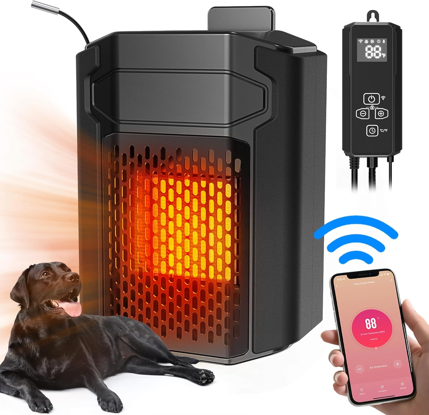 Dog House Heater with Thermostat APP WIFI Control, 500W Dog House Heaters for outside Doghouse Kennel Chicken Coop, Outdoor Pet House Heater with External Temperature Probe&Adjustable Temp Timer