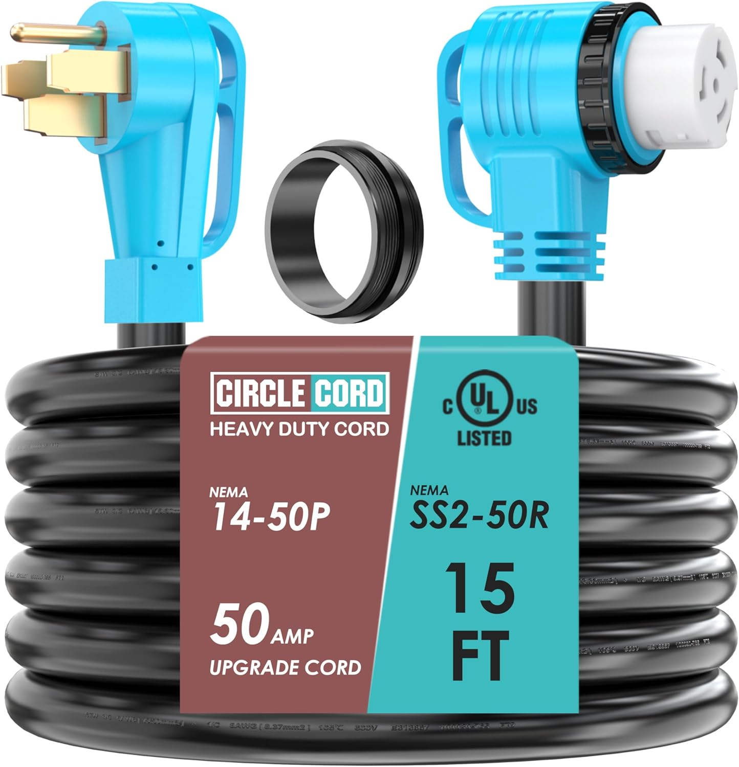 UL Listed 50 Amp 15 Feet Rv/Generator Cord with 90° Right Angle Locking Connector, Heavy Duty 6/3+8/1 Gauge STW Wire, 14-50P to SS2-50R for RV Camper Trailer and Generator to House