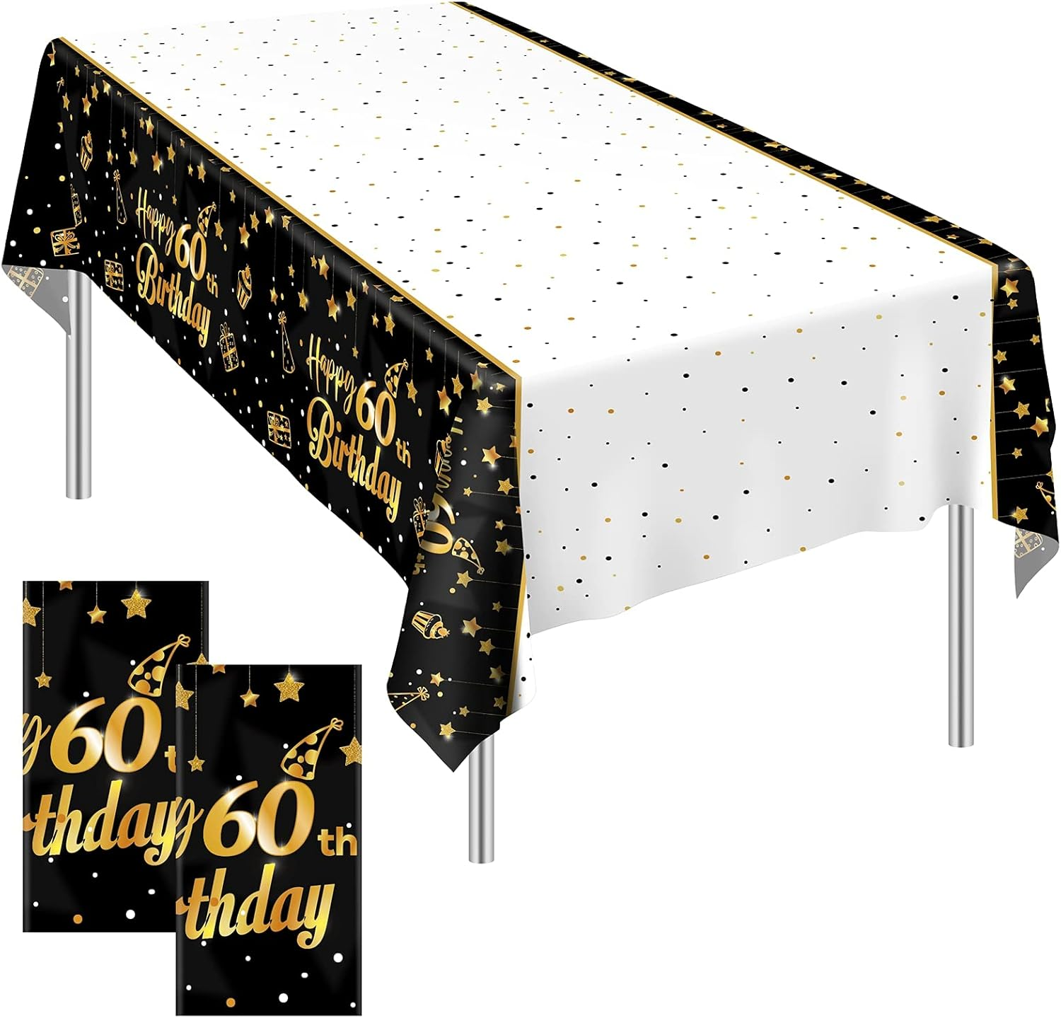 2 Pack Black Gold Table Cloth Cover Happy 60th Birthday Tablecloth Party Tablecloths Rectangular Table Cloth Cover for Indoor or Outdoor Parties Birthdays