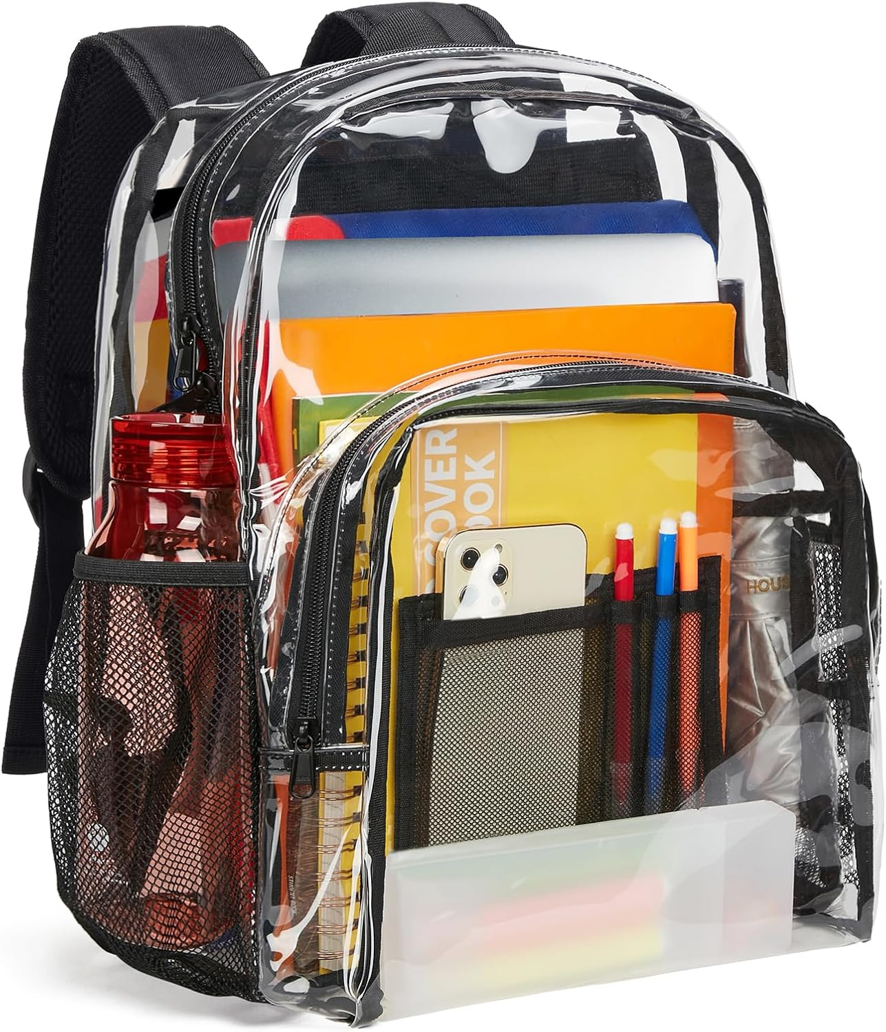 Vorspack Clear Backpack Heavy Duty PVC Transparent Backpack Extra Large Clear Backpacks with Reinforced Strap for College Workplace Security - Black