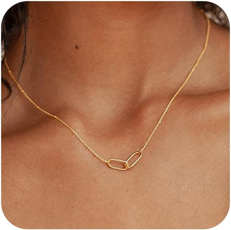 Gold Necklace for Women Trendy 14K Gold Plated Dainty Bow Heart Cross Pendant Necklaces Cute Simple Pearl Diamond Paperclip Butterfly Italian Horn Choker Necklaces for Women Gift Jewelry