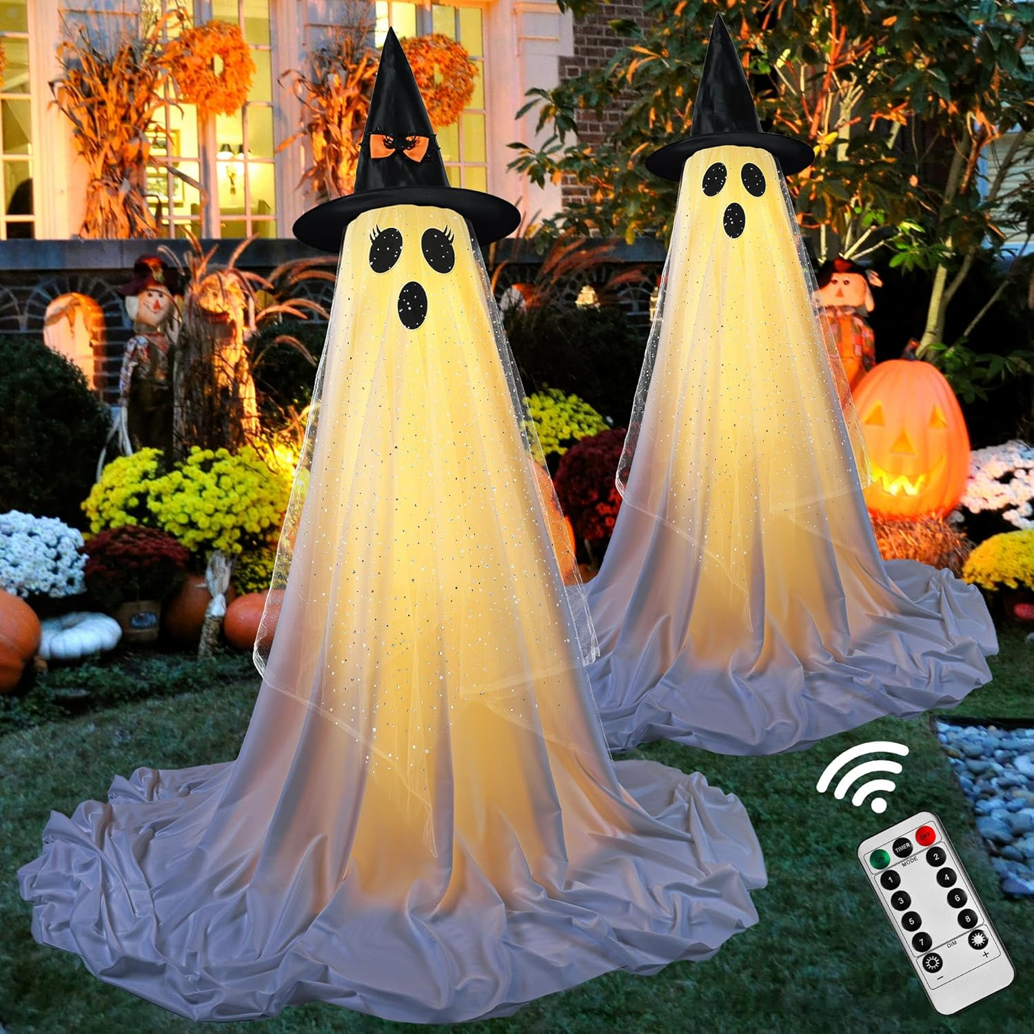 2 Pack Halloween Ghost Decorations with Remote Control String Lights Outdoor