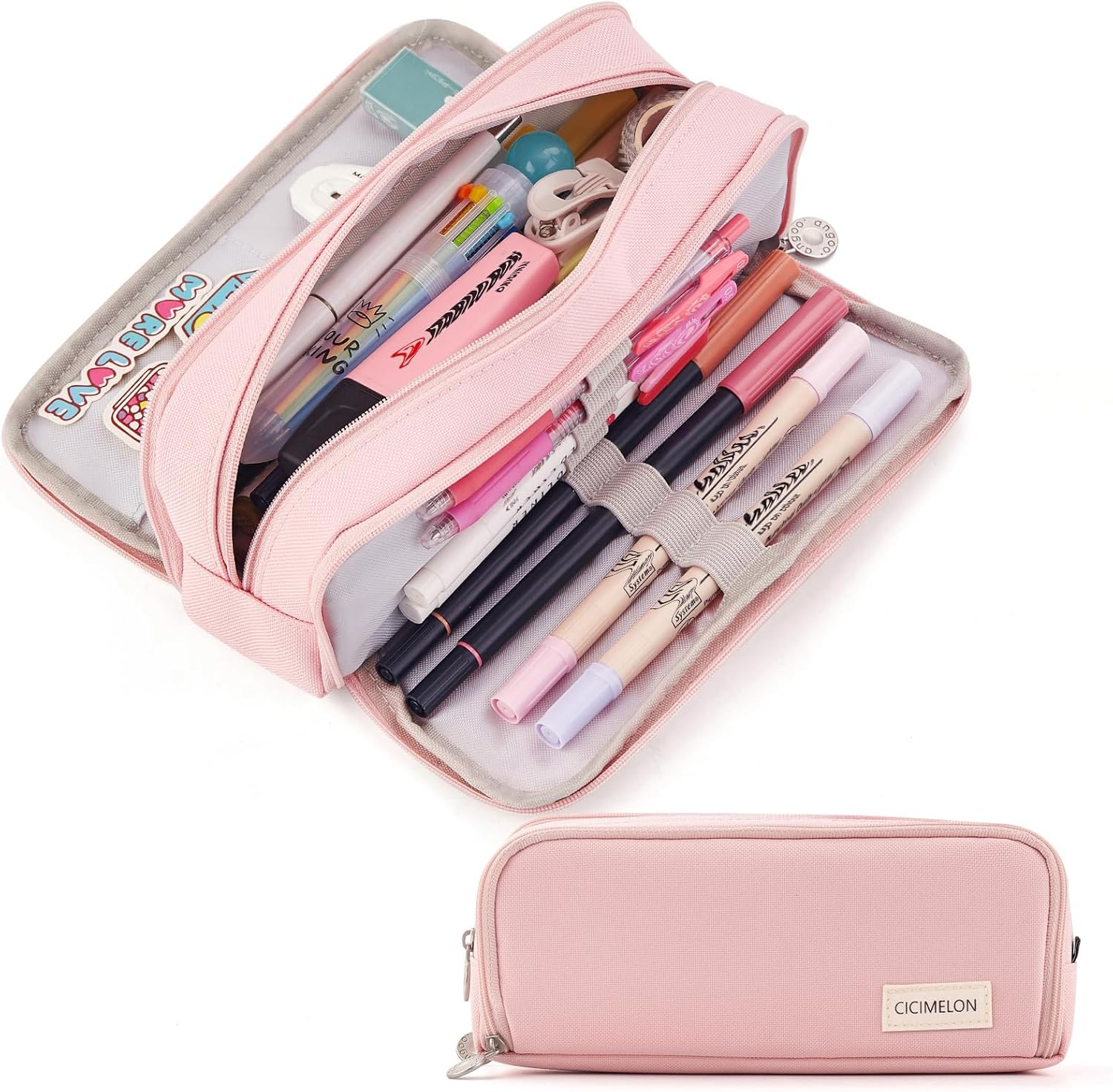 Large Capacity Pencil Case 3 Compartment Pouch Pen Bag for School Teen Girl Boy Men Women (Pink)