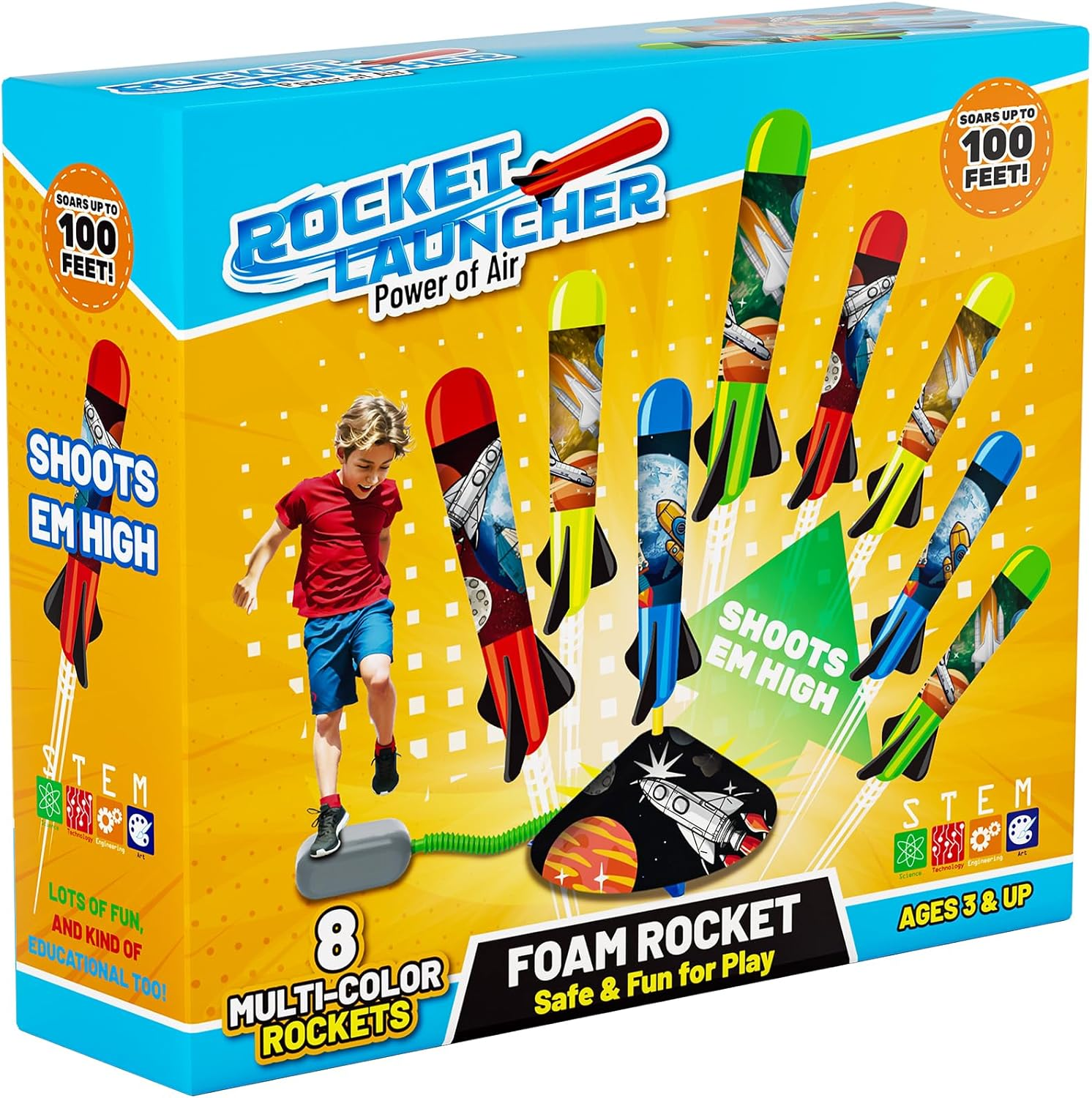 Toys Rocket Launcher for Kids Launch up to 100 Ft, 8 Multi-Color Foam Rockets