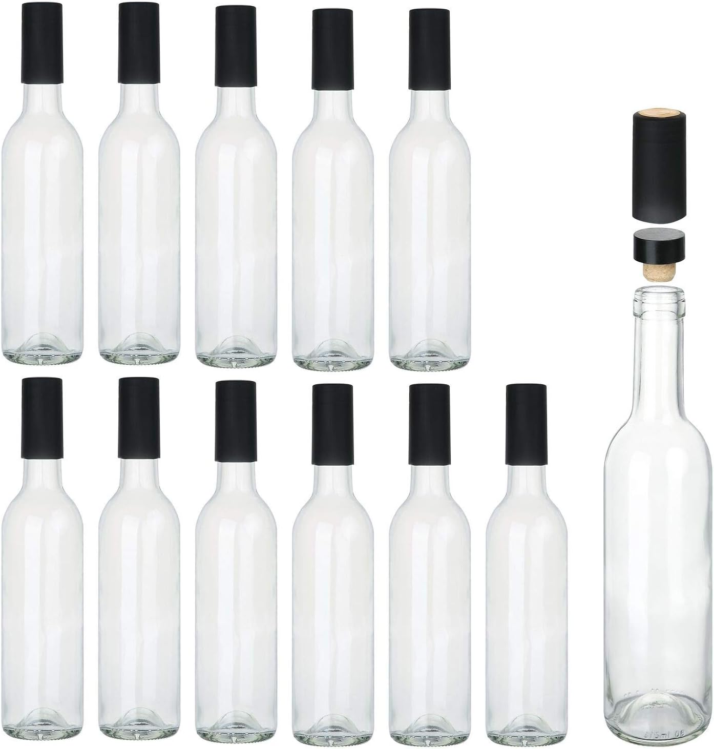 12 Oz Glass Bottles with Cork Lids,Home Brewing Wine Bottles with Caps and Shrink Capsules,Clear Wine Making Bottle for Sparkling Wine,Kefir,Juice,Beverages,Leak Proof,Dishware Safe,12Pack