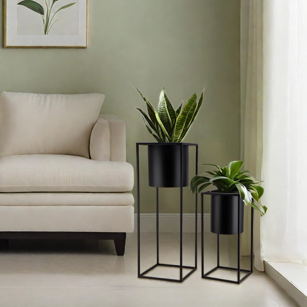 TRIROCKS Set of 2 Planters with Stand Indoor Otdoor Black Planters for Indoor... - Picture 7 of 14