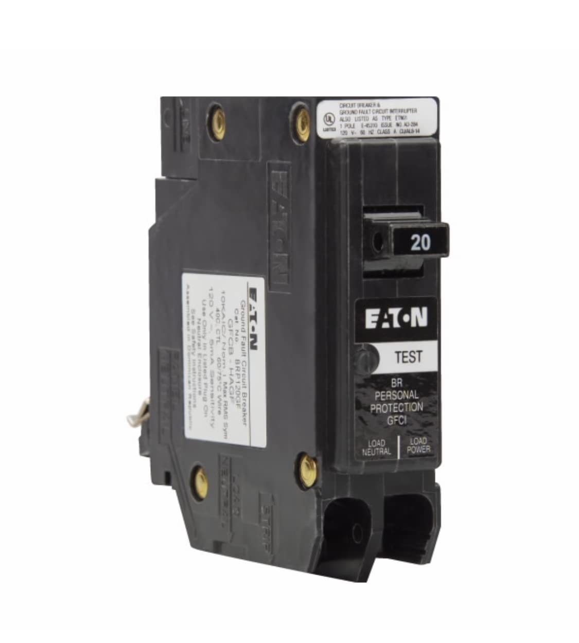 BRP120GF Breaker, 20A, 1P, 120V, 10 Kaic, Type BR Ground Fault