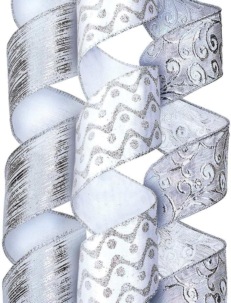 Gift Wrapping Ribbon Wired Christmas Ribbon Wired 3 Rolls 2.5 Inch 18 Yard Silver Sheer Glitter Organza Burlap Ribbons for Xmas Trees Gift Wrap Ribbon for Crafts, DIY Tree Ribbon for Bows & Decor