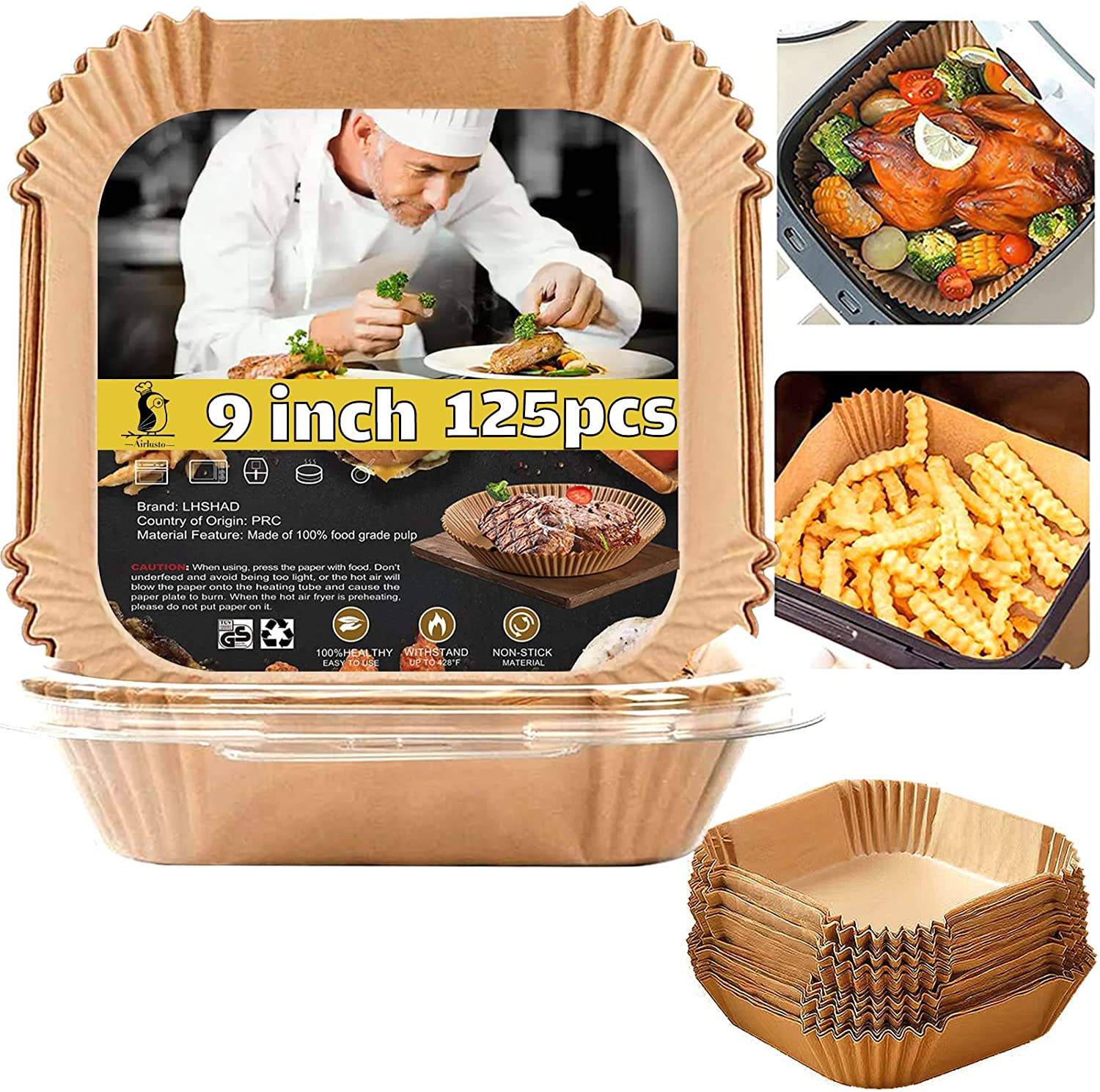 Air Fryer Liners Disposable Square 9 Inch, 125 Pcs Large Square Air Fryer Paper 