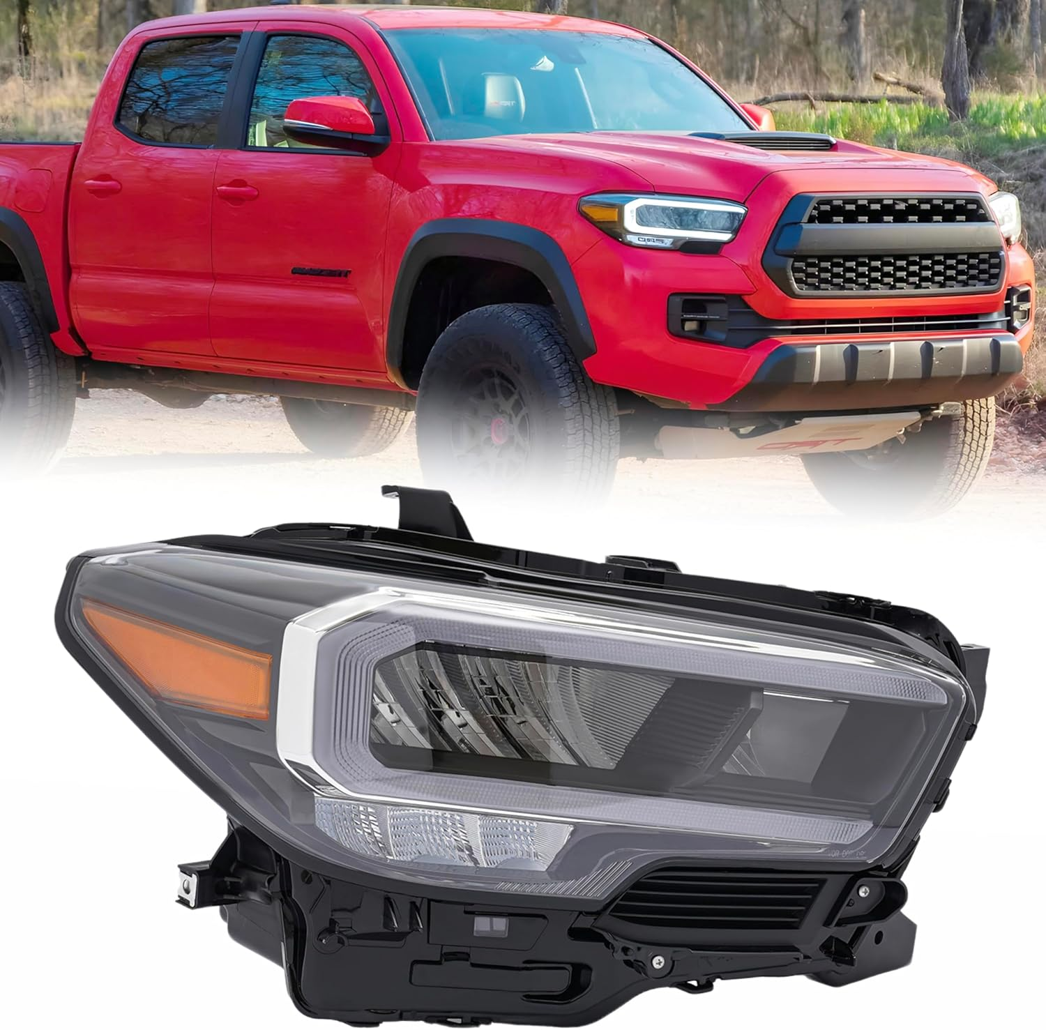 For 2020 2021 2022 2023 Toyota Tacoma Headlight Assembly - LED Headlamp, W/Led DRL, Right Passenger Side, Black Housing, Clear Lens, OEM 8111004290 (12V)