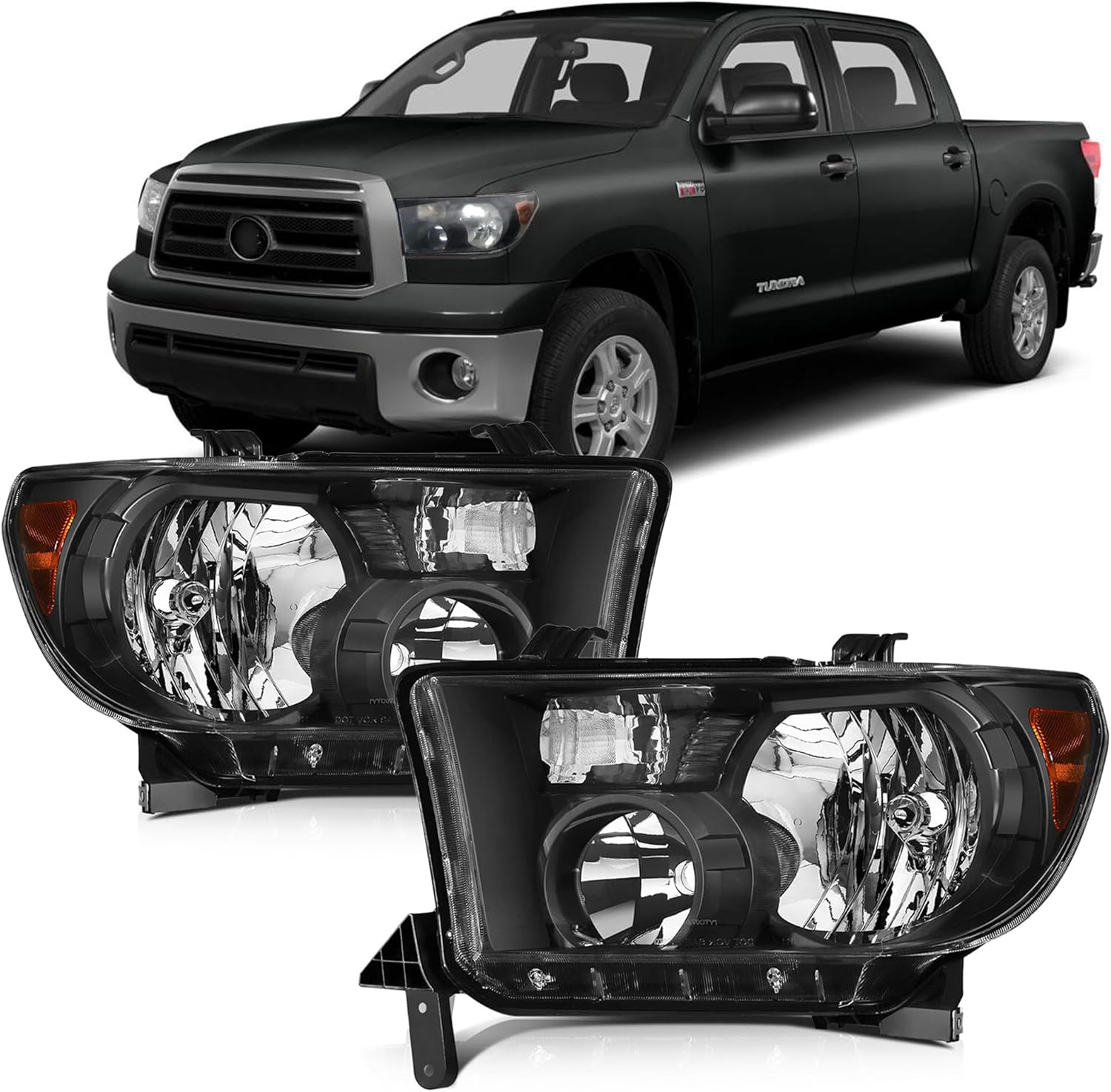 Headlights Assembly Compatible with 2007-2013 Toyota Tundra W/Level Adjuster, for 2008-2017 Toyota Sequoia Headlamp, Black Housing