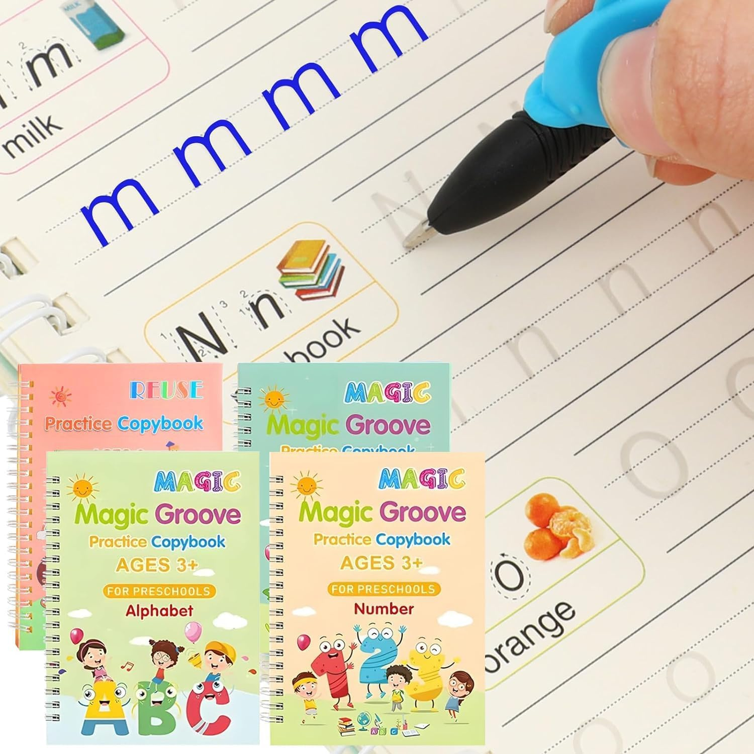 4 Pc Groove Writing Books for Kids,Magic Groove Practice Copybook,Reusable Grooved Handwriting Workbooks,Writing Books for Kids Age 3-5 Calligraphy