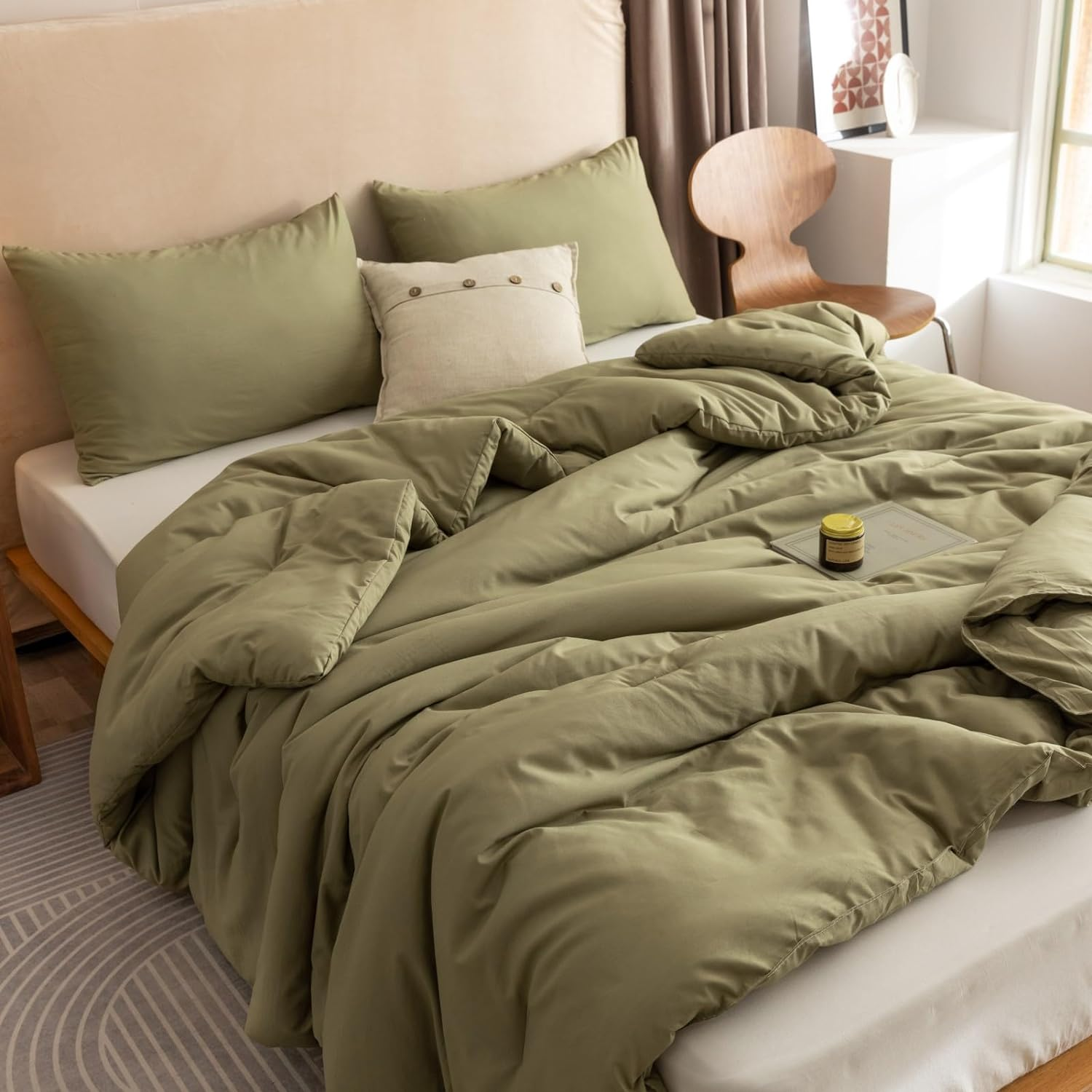 Queen Comforter Set Olive Green, 3Pcs Bedding Sets Queen (1 Boho Olive Comforter & 2 Pillowcases), All Season Lightweight Blanket Quilt