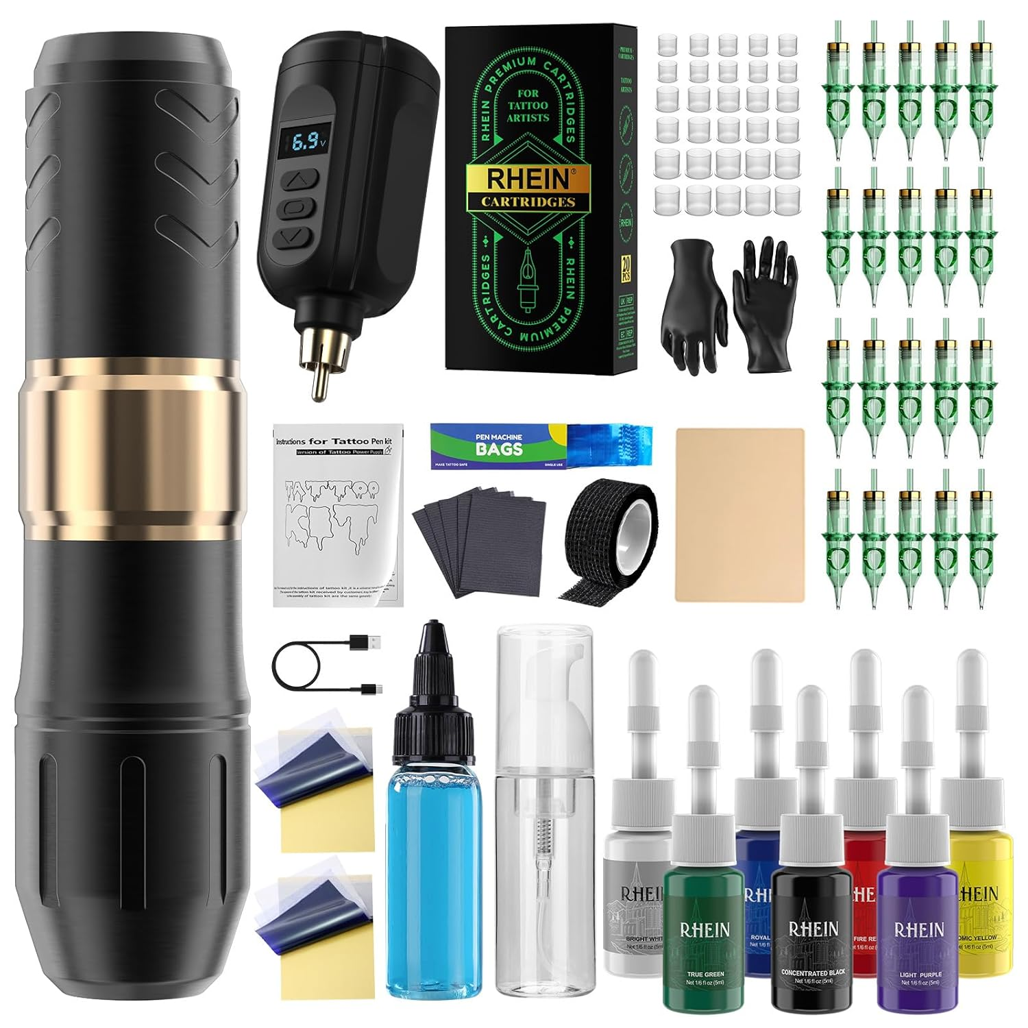 Wireless Rotary Tattoo Machine Kit with Battery, Needles, and Ink Set