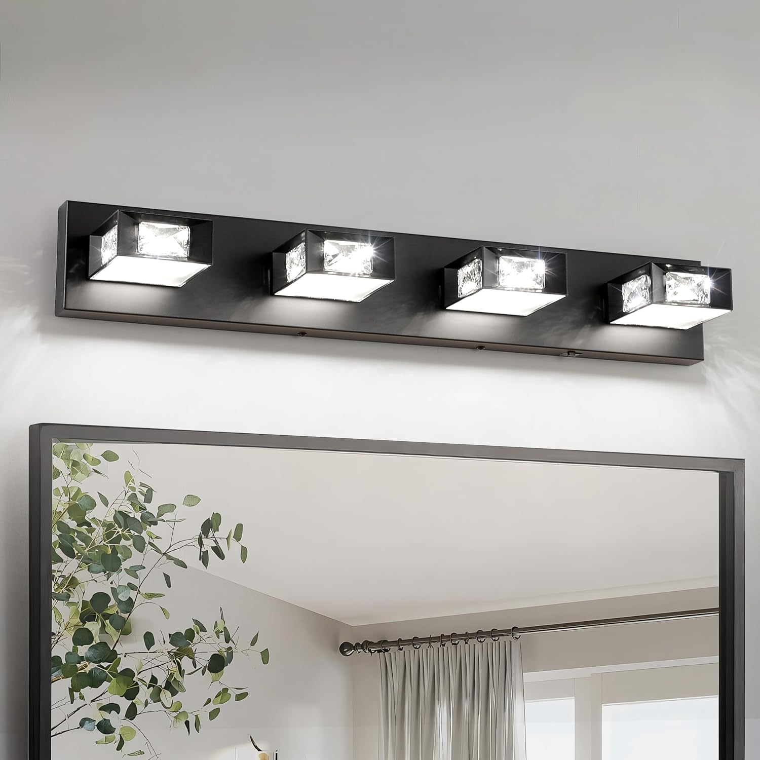 Black Vanity Light for Bathroom (4-Light, 28-Inch) Crystal Bath Light Fixtures 5CCT Dimmable Modern Led Bathroom Light over Mirror with 350°Rotatable Head