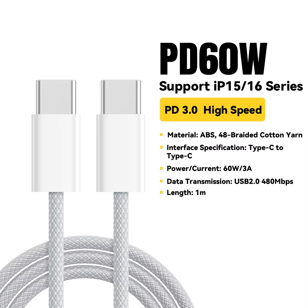 60W USB C Cable For iPhone 16 15 Plus Pro Max Xiaomi Type C Cable For Macbook Pro iPad PD Fast Charger Cord Type-C Cable