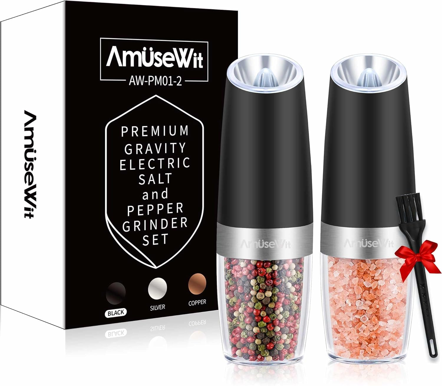 Gravity Electric Salt and Pepper Grinder Set of 2 [White Light] Battery Operated Automatic Pepper and Salt Mills with Light,Adjustable Coarseness,One Handed Operation,Black