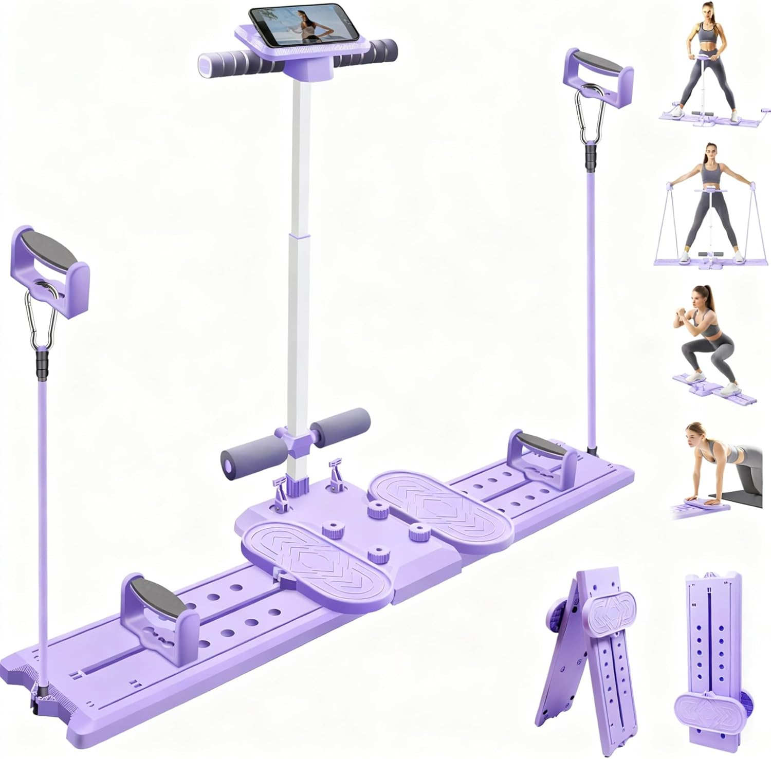 Pilates Board, Portable Foldable Reformer Board with Handrail & Phone Holder, 5-in-1 Mini Pilates Machine for Beginners & Postpartum Recovery, Multifunctional Home Pilates Workout Slider Set