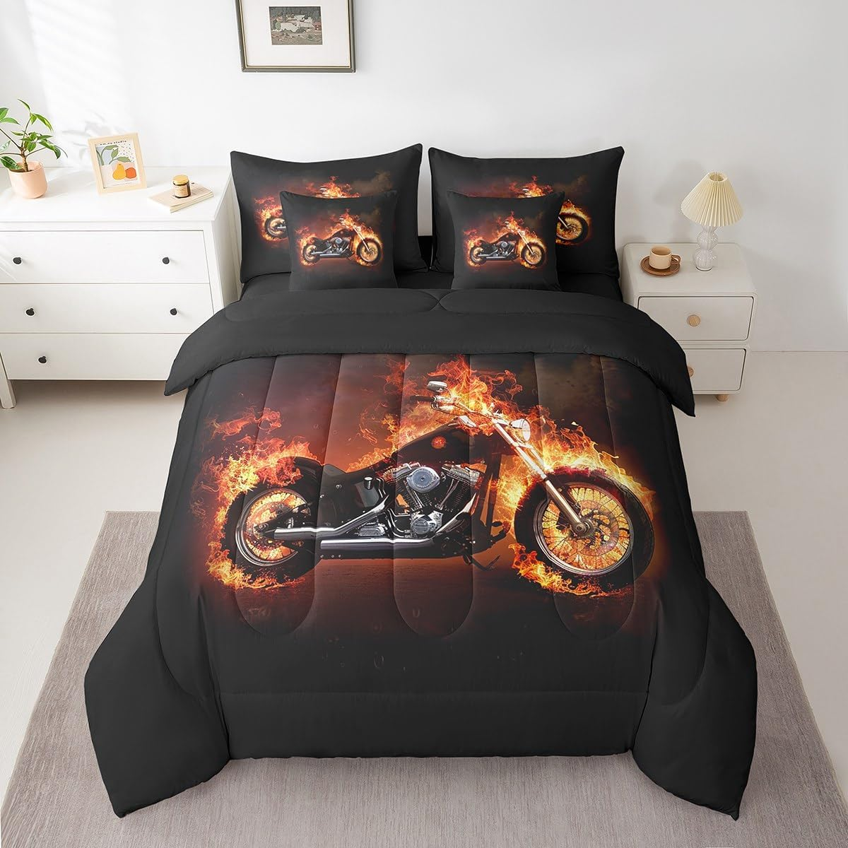 King Comforter Set 7 Pcs Motorcycle Bed in a Bag Extreme Sports Bedding Set for Kids Boys Cool Motor Bike Comforter Red Black Retro Motorcycle Bed Set with Sheets, Pillowcases, Pillow Covers