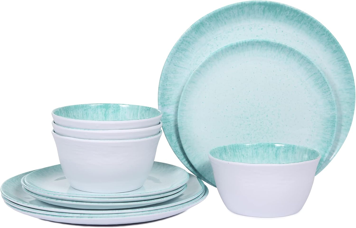 Melamine Dinnerware Sets - 12Pcs Dishes Plates and Bowls Set, Service for 4, Turquoise with Spot
