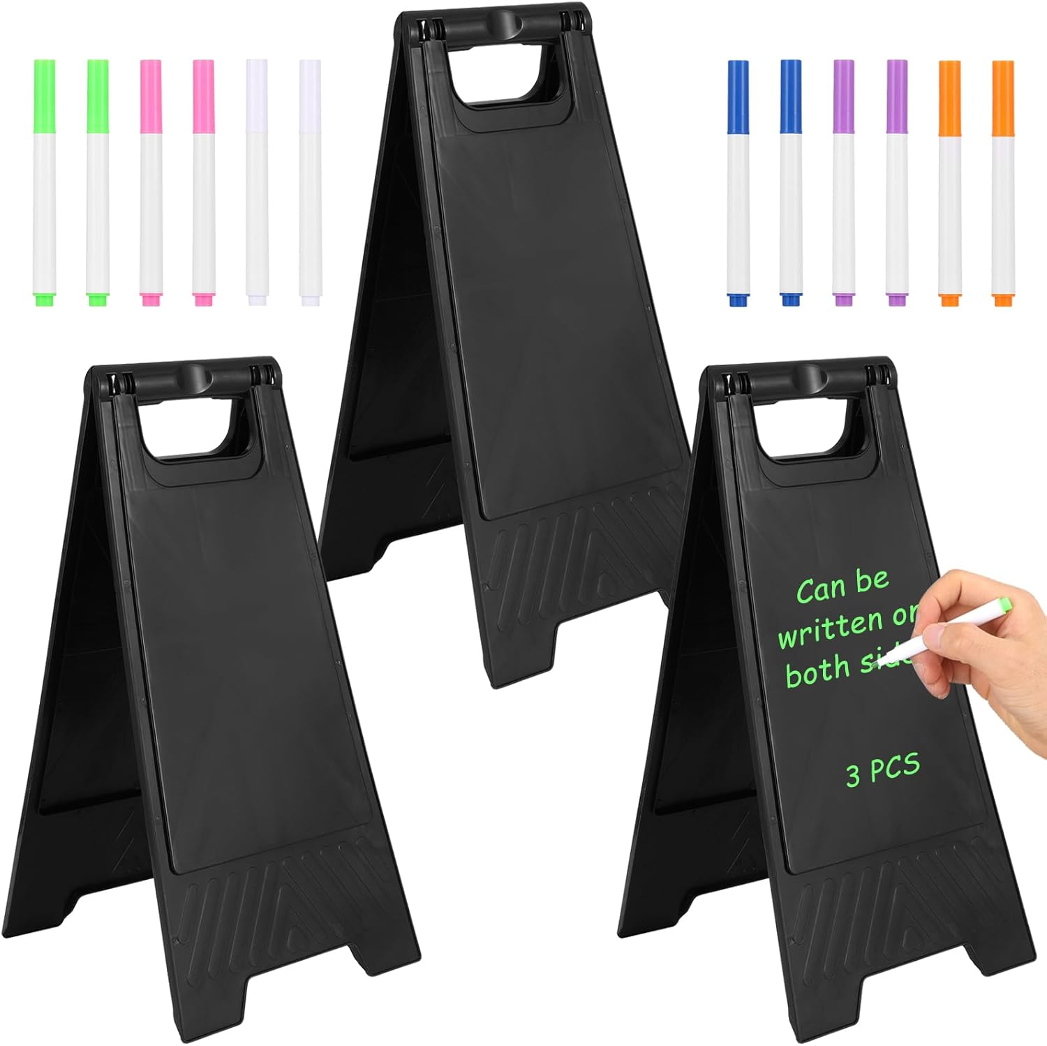 3 Pack a Frame Sign, Sandwich Board Signs with Black Dry Erase Surface, Double Sided & Heavy Duty, Portable Folding Sidewalk Sign Dry Erase Poster Board for Outdoor Restaurant Cafe Shop Menu (Black)