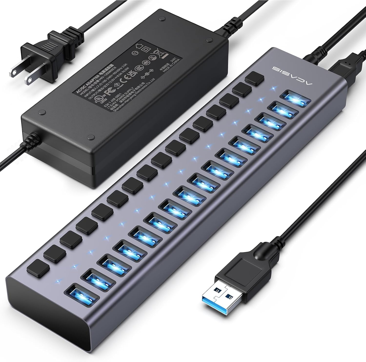 Powered USB 3.2 Hub,  16 Ports USB 3.2 Hub with 10Gbps Data Speed，Aluminum Housing, USB Hub Powered with 96W Power Adapter, USB Hub for Pc/Laptop, Computer, Flash Drive, Printer, Camera
