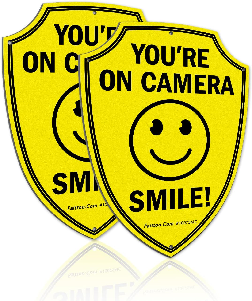 Smile You'Re on Camera Sign, Video Surveillance Signs Outdoor, 2-Pack, 9.6 X 6.8 Inch Reflective Aluminum Warning Sign for Home Business CCTV Security Camera, Weather Resistant, Shield Shape